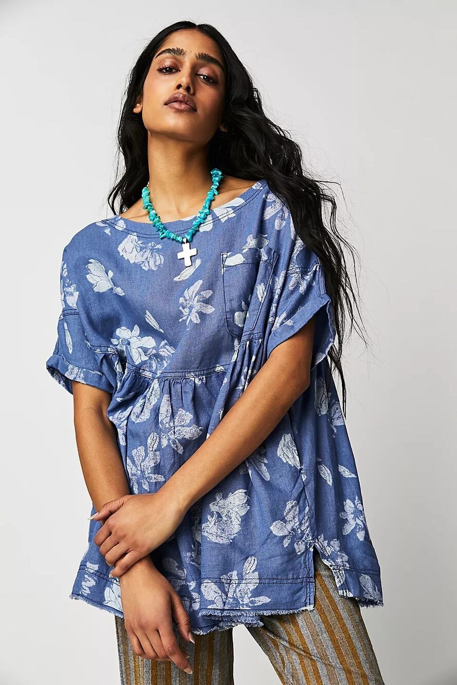 Free People Top Moon City Printed Tee Floral Boho Babydoll Linen Blue Size XS